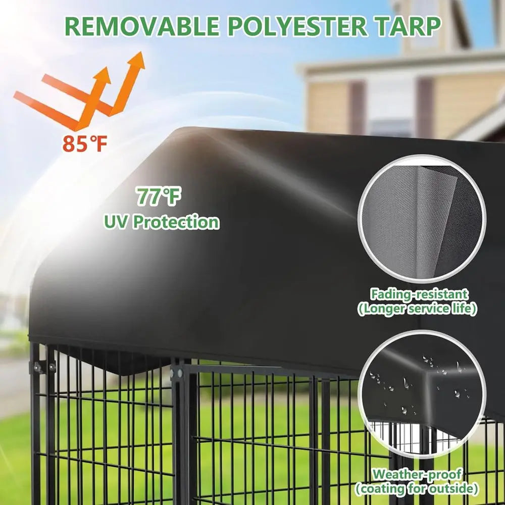 Outdoor Dog Kennel 4 x 4.2 x 4.5ft - Large Enclosure with Roof, Rotating Door, and Adjustable Bowls for Small to Medium Dogs