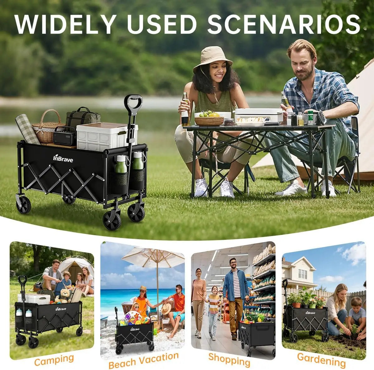 Collapsible Wagon Cart Foldable Beach Wagon with All-Terrain Wheels - 380 LBS Heavy Duty Grocery Cart
