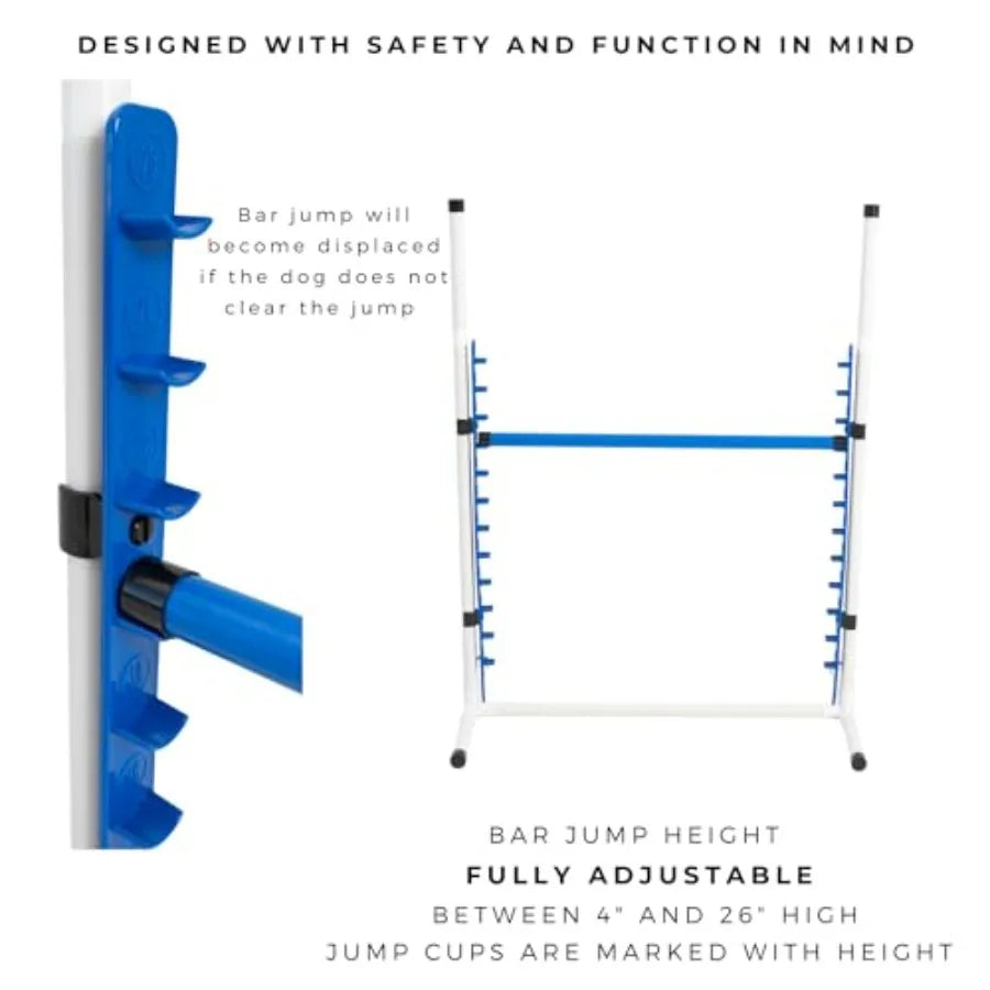 Elite Agility Set for Dogs w/Safety-Focused Features 7Pc Agility Kit 2 Bar Jumps w/Cup Strips Breakaway Tire Jump 6 Weave Poles