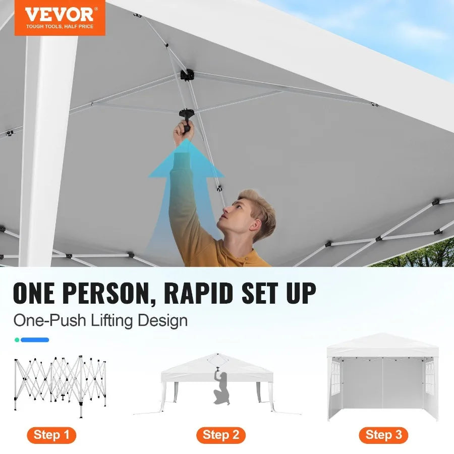 10 x 10 FT Pop Up Canopy Portable Gazebo with 3 Sidewalls and 2 Ventilated Windows Height Adjustable Outdoor Shelter Tent in White