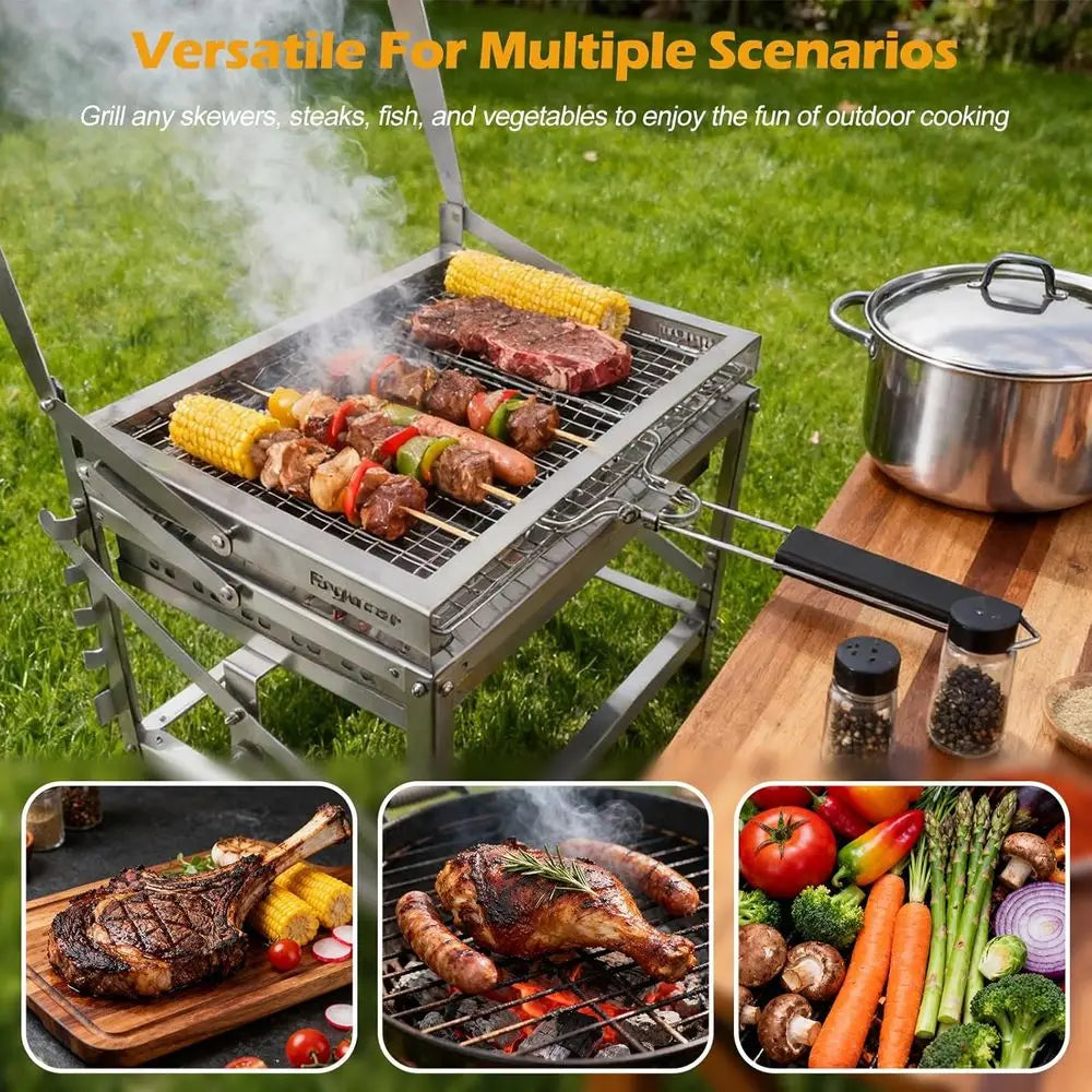 Portable Rotatable 4-Tier Adjustable Charcoal Grill Tray for Outdoor Smoking, Picnics, and Camping