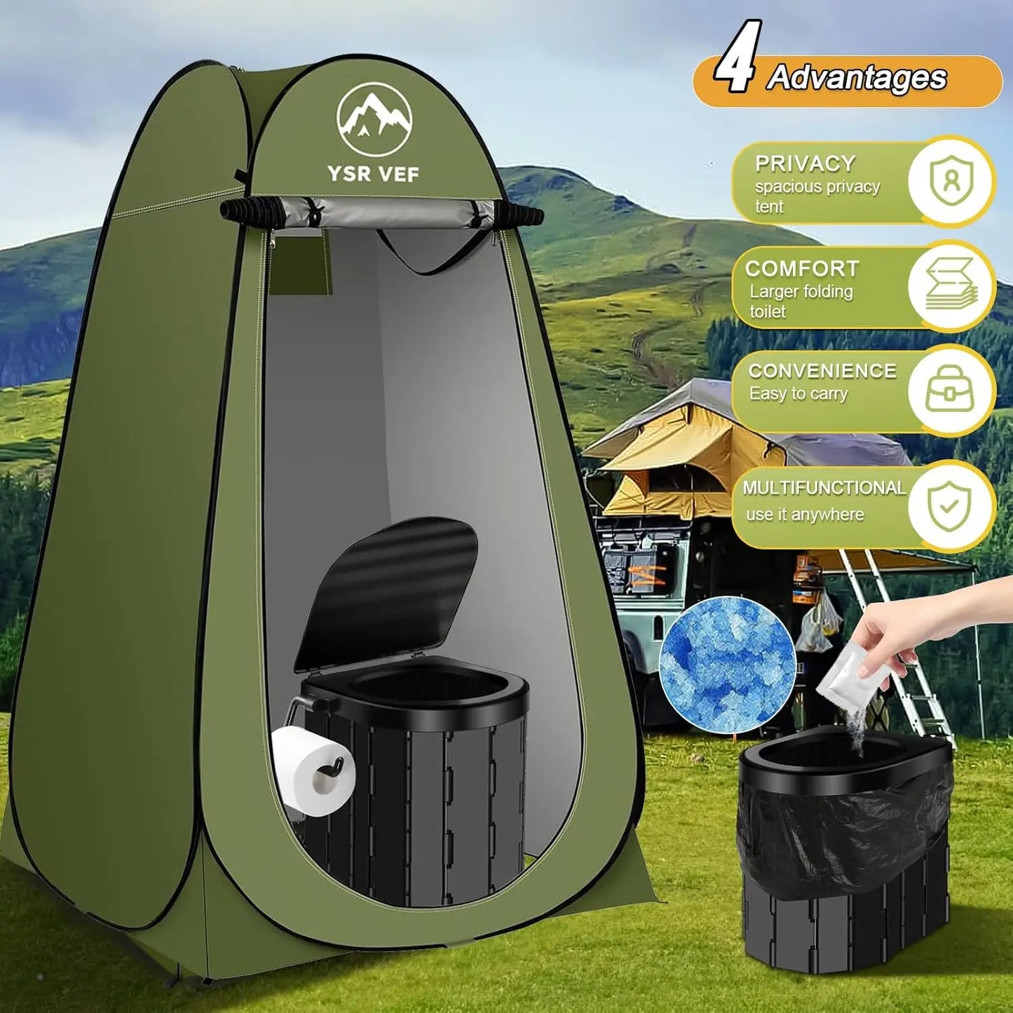 Portable Toilet Kit with Pop-Up Privacy Tent, Camping Toilet and Shower Tent, Washable Outdoor Changing Room