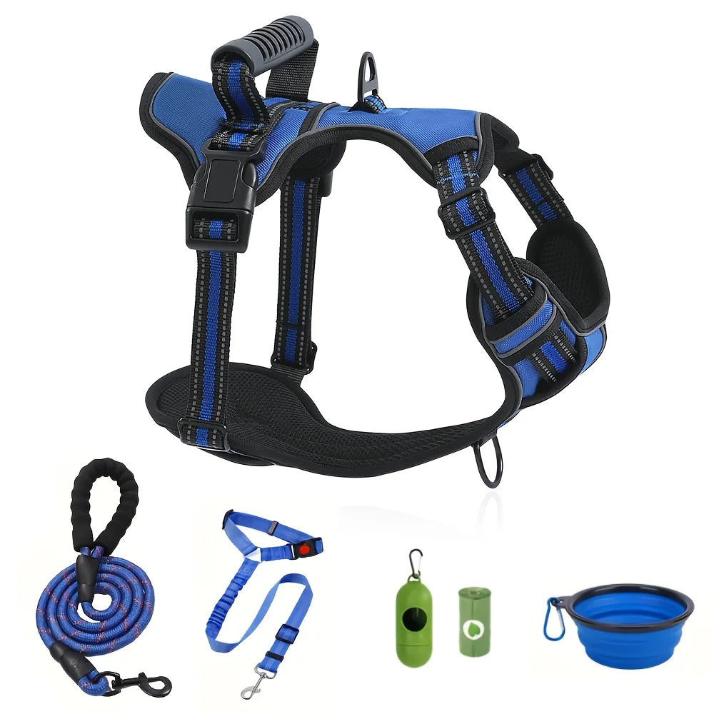 6 in 1 No-Pull Dog Harness And Leash Set Adjustable Reflective No-Choke Pet Oxford Vest with 2 Leash Clips And Easy Control Handl