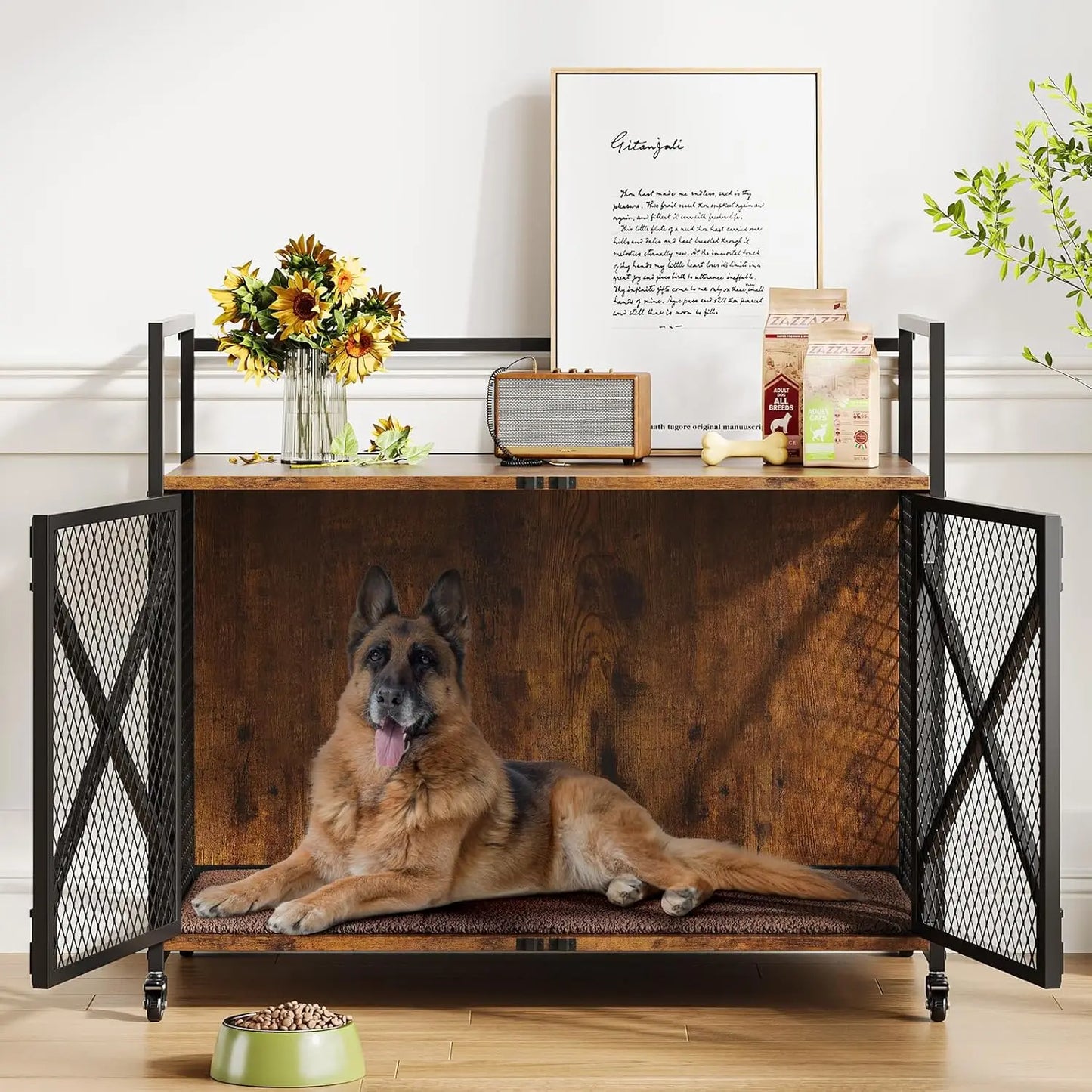 Heavy Duty Dog Cage with Lockable 360° Wheels Double Door Dog Kennel End Table for Small Medium & Large Dogs Crate Furniture