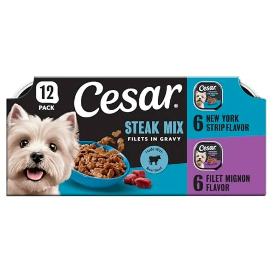 Filets in Gravy Adult Wet Dog Food Variety Pack, Filet Mign and New York Strip Flavors, 3.5 oz. Easy Peel Dog Food Tray, 12 Pack