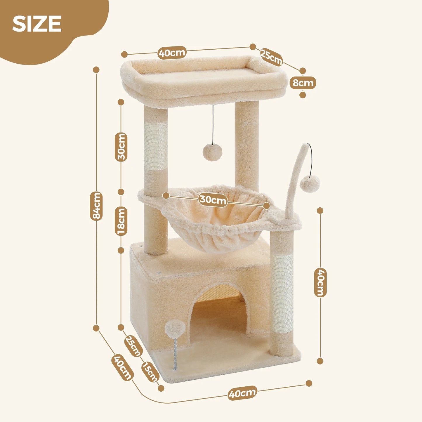 Cat Tree with Natural Sisal Scratching Post, Comfortable Condo, Spacious Top Perch, Cat Accessories, Toy, Cat Tower for Indoor Cats