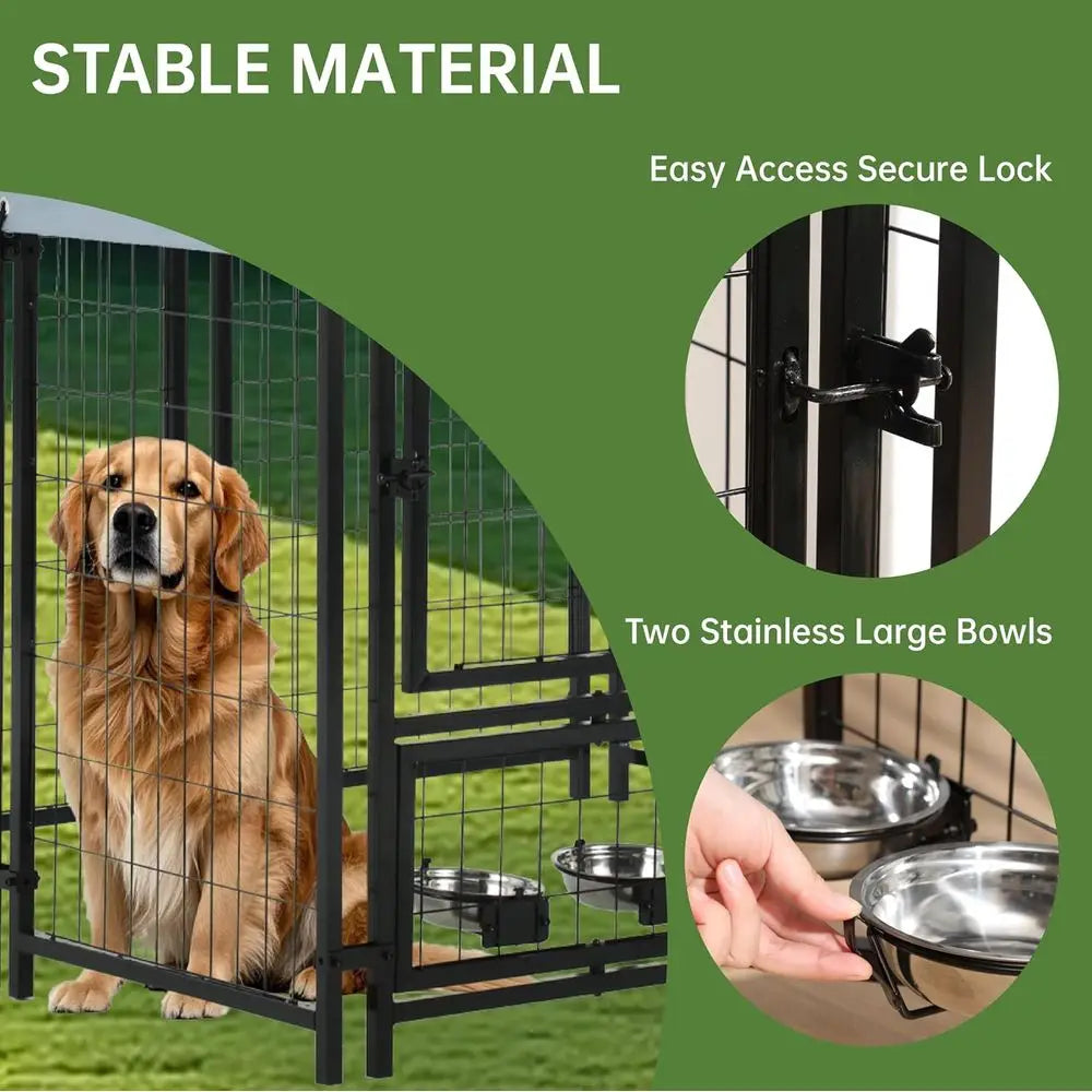 Outdoor Dog Enclosure Heavy Duty Dog Kennel House Mesh Dog Big Cage Pet Kennel Steel Fence with Secure Lock and UV-Resistant Water Bowls
