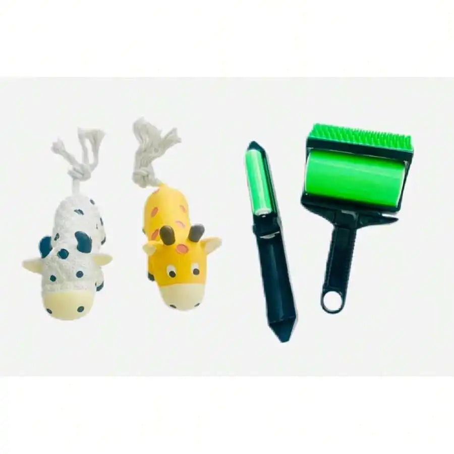 Squeaky Dog Chew Toys Set: 2 Cow Shapes With Rope, Grooming Brush And Lint Roller