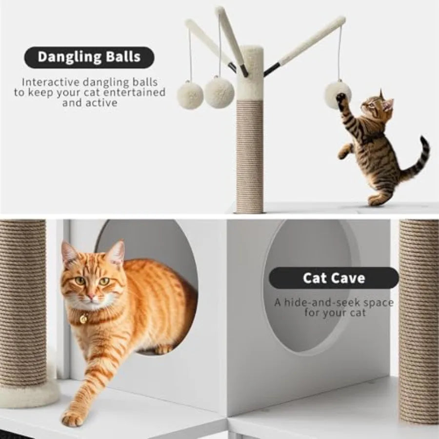 Multi-Level Cat Tree Tower with Cat Scratching Posts, Litter Box Enclosure, Cat Houses Condos, Hanging Cat Toys for Kittens, Adult