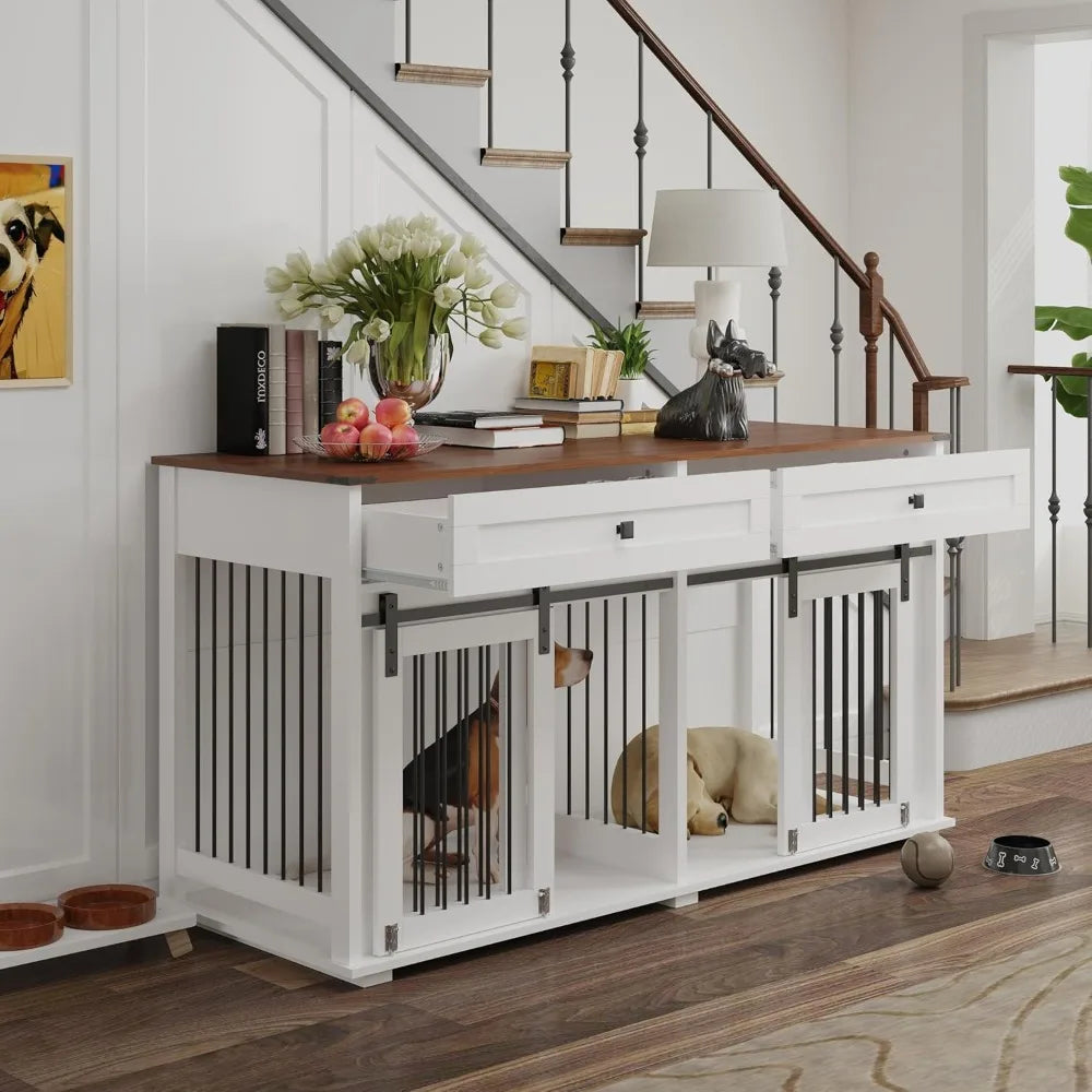63'' Double Dog Crate Furniture for 2 Dogs, XXL Wooden 2 Dog Kennel, Wooden Dog Kennel with 2 Drawers, Divider and Sliding Door,