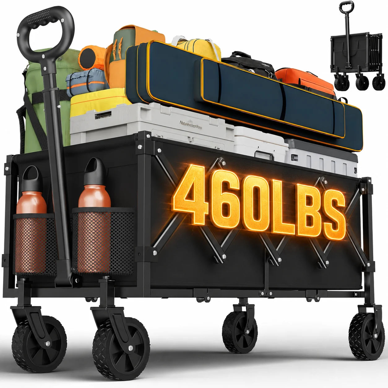 460 lbs Heavy Duty Foldable Wagon, Folding Utility Wagon with All Terrain Wheels, Adjustable Handles and Side Bags, Portable Outdoor Cart for Camping, Grocery, Garden, Sports and Beach
