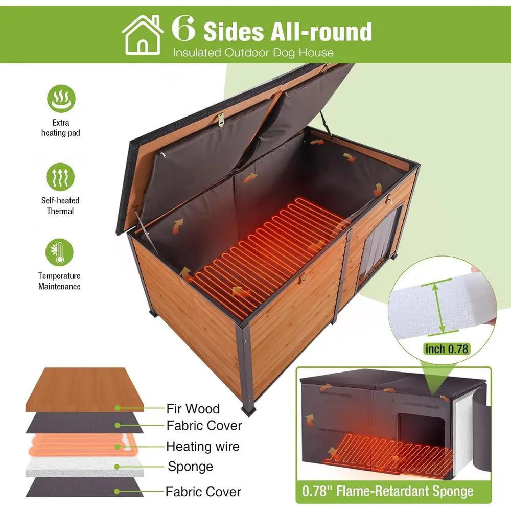 Extra Large Heated Dog House Insulated Dog Kennel Winter Shelter with Safe Thermostat-Controlled Heating Pad, Chew-Proof Metal Frame