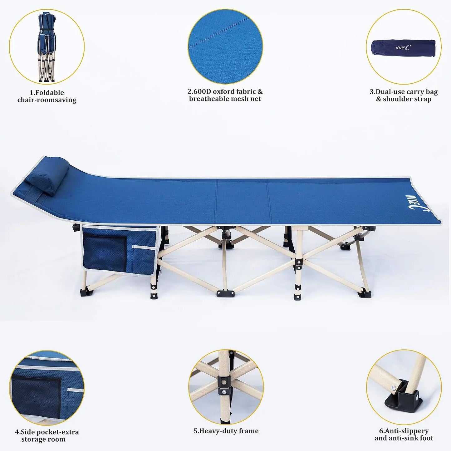 Folding Camping Cot for Adults, Extra Wide with Pillow, Carry Bag & Side Pocket, Holds 500 lbs, Blue