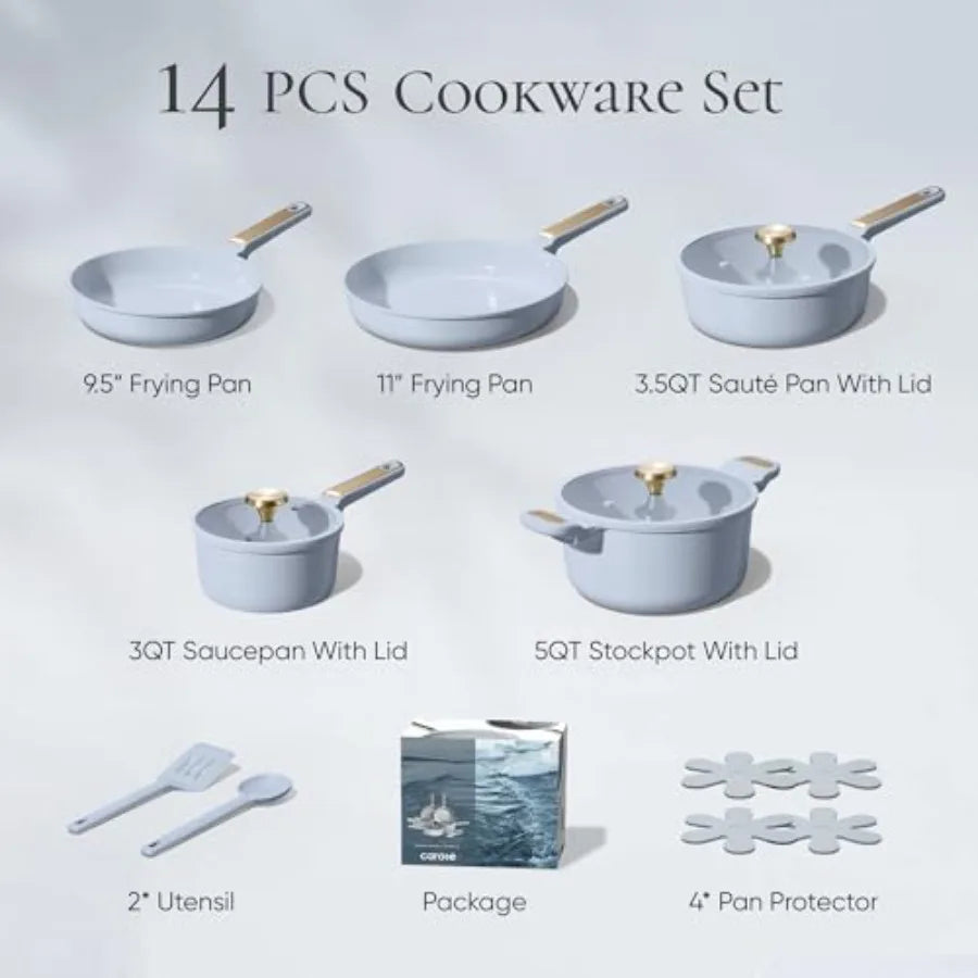 Ceramic Cookware Set Nonstick, 14pcs Pots and Pans Set Nonstick, Non-Toxic and PFAS-Free, Dishwasher, RV/Camping Cookware Set,