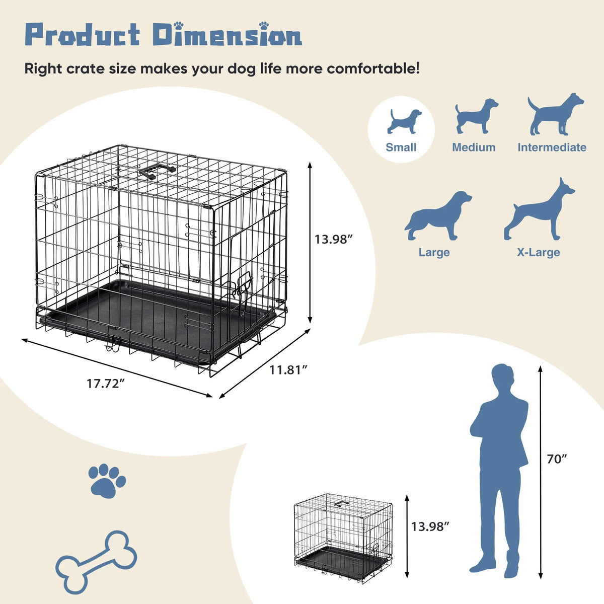 18 Inch Single-Door Dog Crate Metal Pet Kennel with Secure Lock Foldable Removable Tray for Easy Cleaning Portable Puppy Cage for Small Dogs