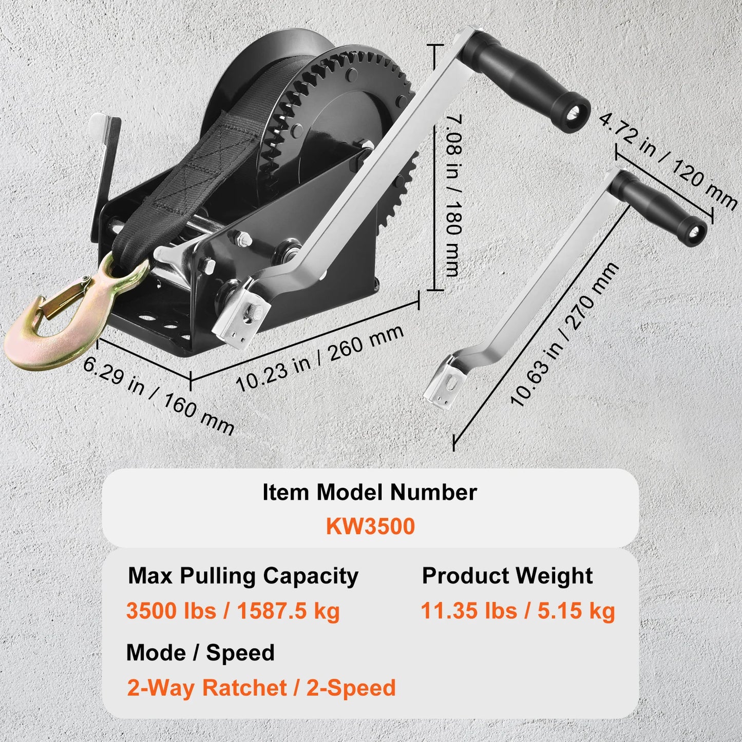 Hand Winch Boat Trailer Winch Heavy Duty Rope Crank Polyester Strap & Two-Way Ratchet Manual Operated Hand Crank Winch
