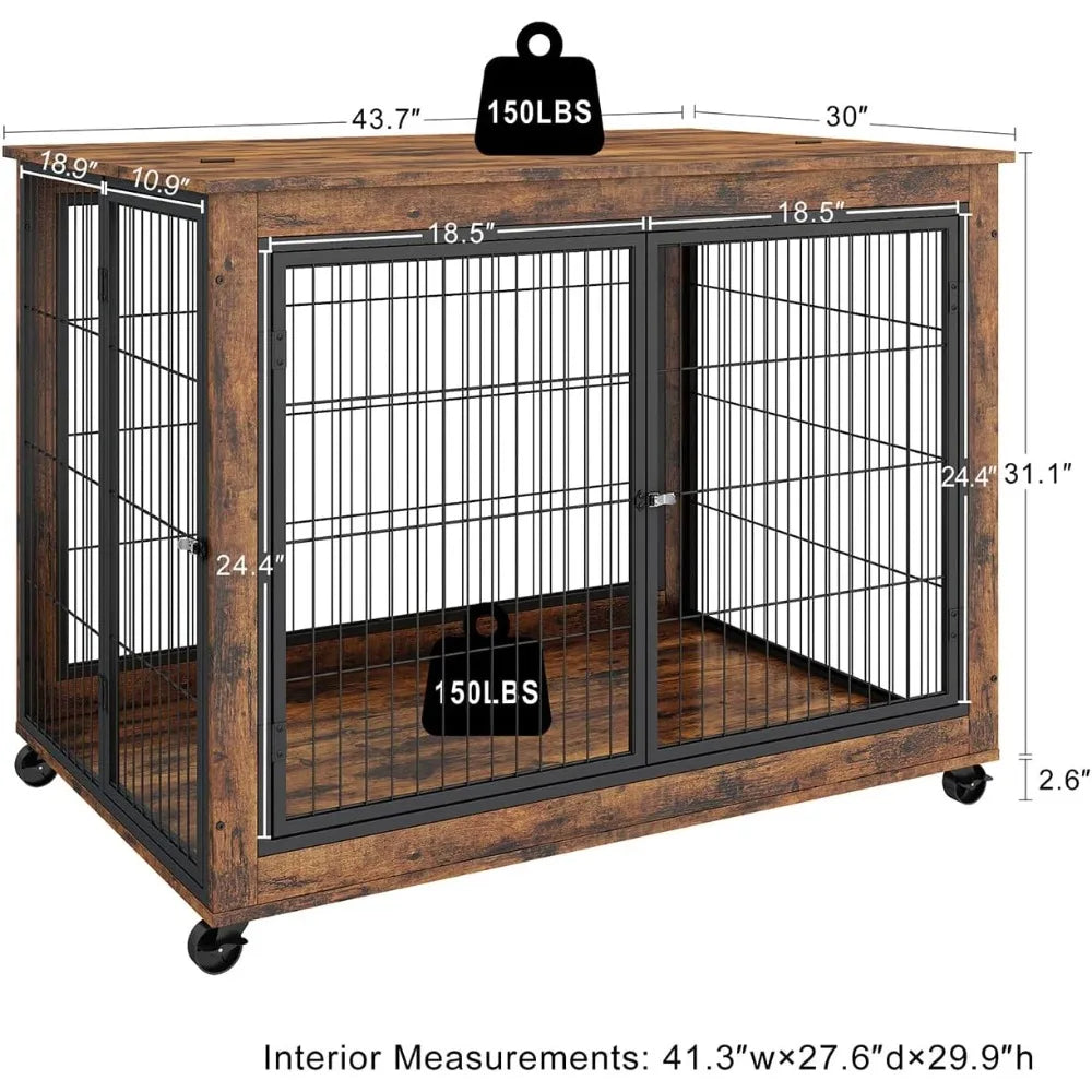Wooden Dog Crate Furniture with 43.7" Kennel, 3-Door Access, Flip-Up Top, and Wheels for Decorative Pet Housing