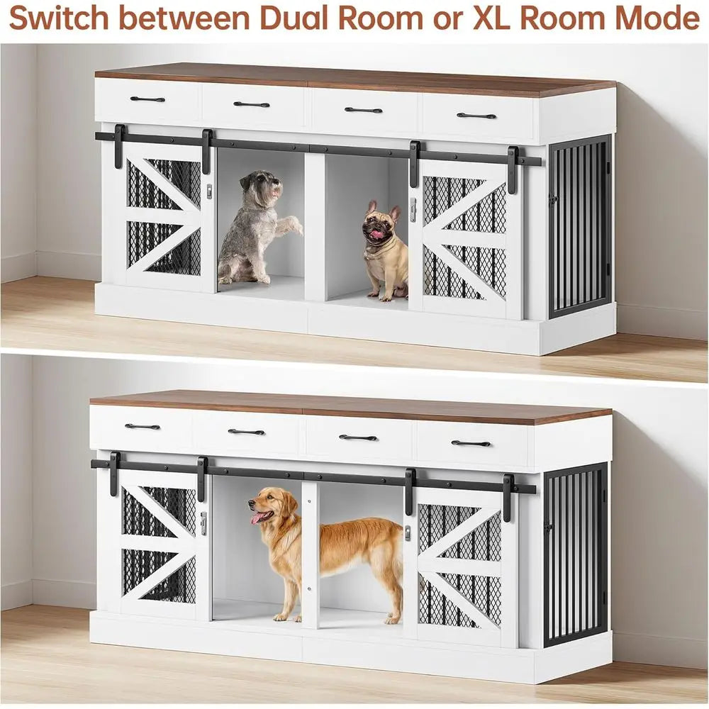 71 Heavy-Duty Indoor Wooden Dog Crate for 1-2 Dogs, Removable Divider & Storage Drawers - Multifunctional Pet Furniture, TV Stand