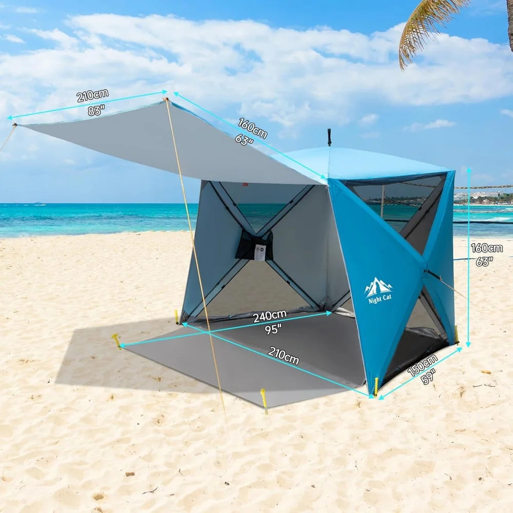 Pop-up Beach Tent: 3-4 Persons Beach Shelter with Canopy and Footprint, UPF 50+ UV Protection Backyard Camping Outdoor Canopy Poles Not Included