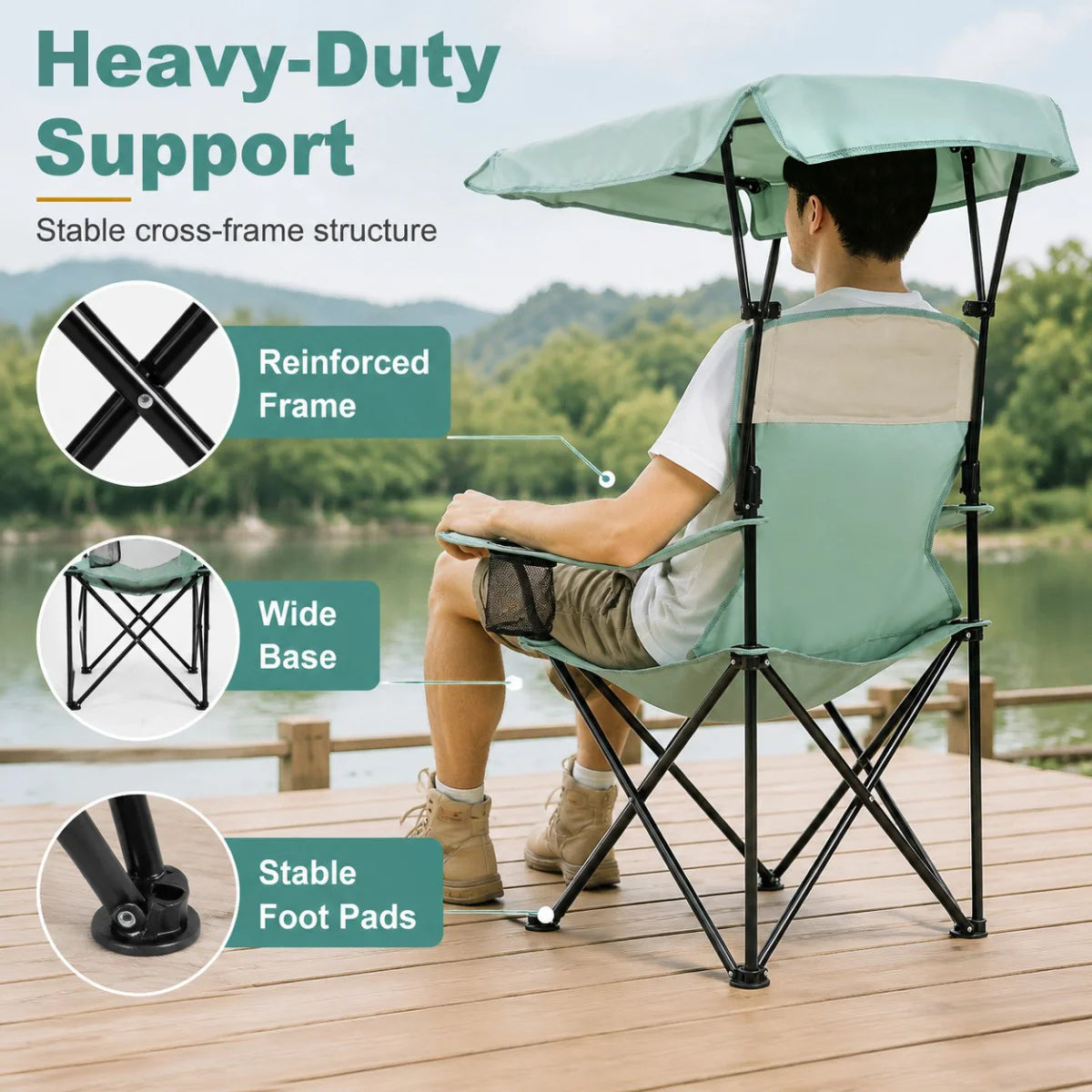 Portable Beach Chair with Cup Holder & Side Pocket, Duty Lawn Chair with Carry Bag for Camping, Beach, Fishing, Patio, Hiking, Outdoor Folding Camping Chair with Adjustable Canopy