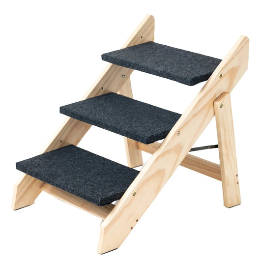 Foldable 3-Step Wood Pet Stairs Dog Ramp Portable Ladder Up to 110 Lbs Perfect for Beds and Cars Suitable for Dogs and Cats