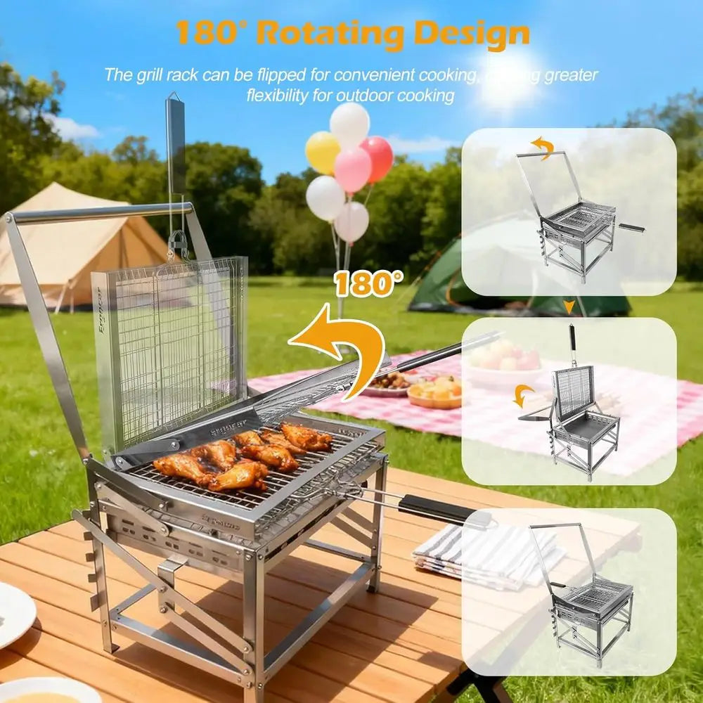 Portable Rotatable 4-Tier Adjustable Charcoal Grill Tray for Outdoor Smoking, Picnics, and Camping