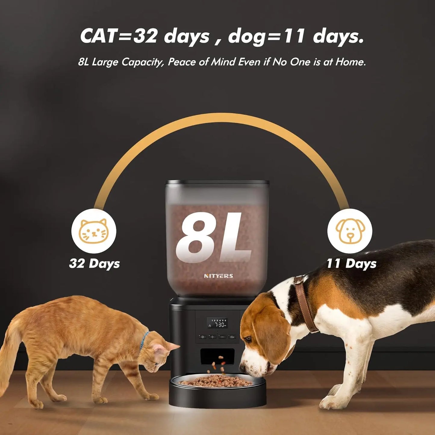 8L Automatic Dog Feeder, Smart Pet Food Dispenser with Key Control, Voice Recorder, Dual Power Supply, Timed Auto Cat Feeder with Stainless Steel Bowl