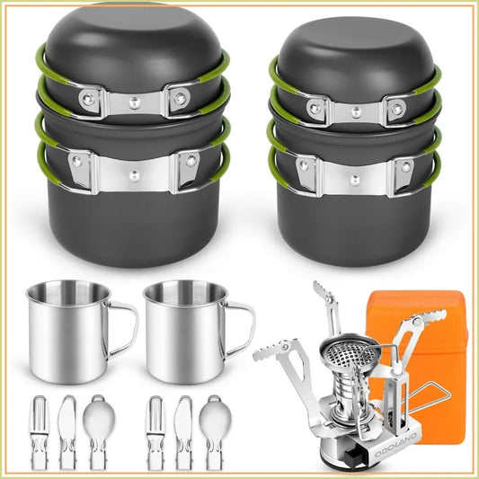 16pcs Camping Cookware Mess Kit, Lightweight Pot Pan Mini Stove with Cups & Cutlery for Backpacking Hiking Picnic