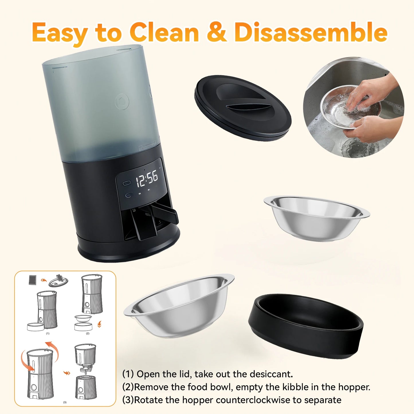 6L Automatic Cat Feeder with 2 Stainless Bowls Timed Cat Food Dispenser Dual Power Supply Dual Pet Feeder for Cat and Dog