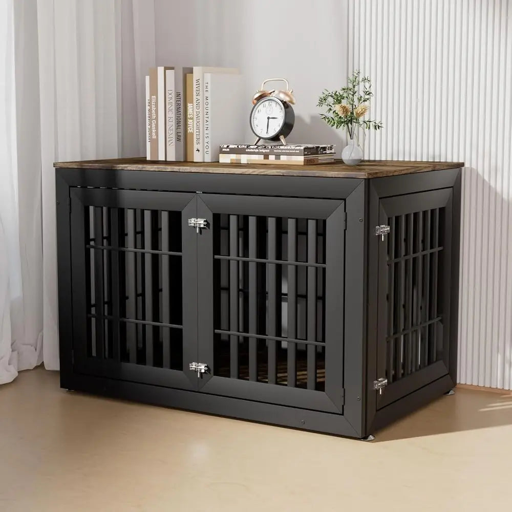 Rustic Brown & Black Decorative Wooden Dog Crate End Table with Waterproof Top for Large Dogs