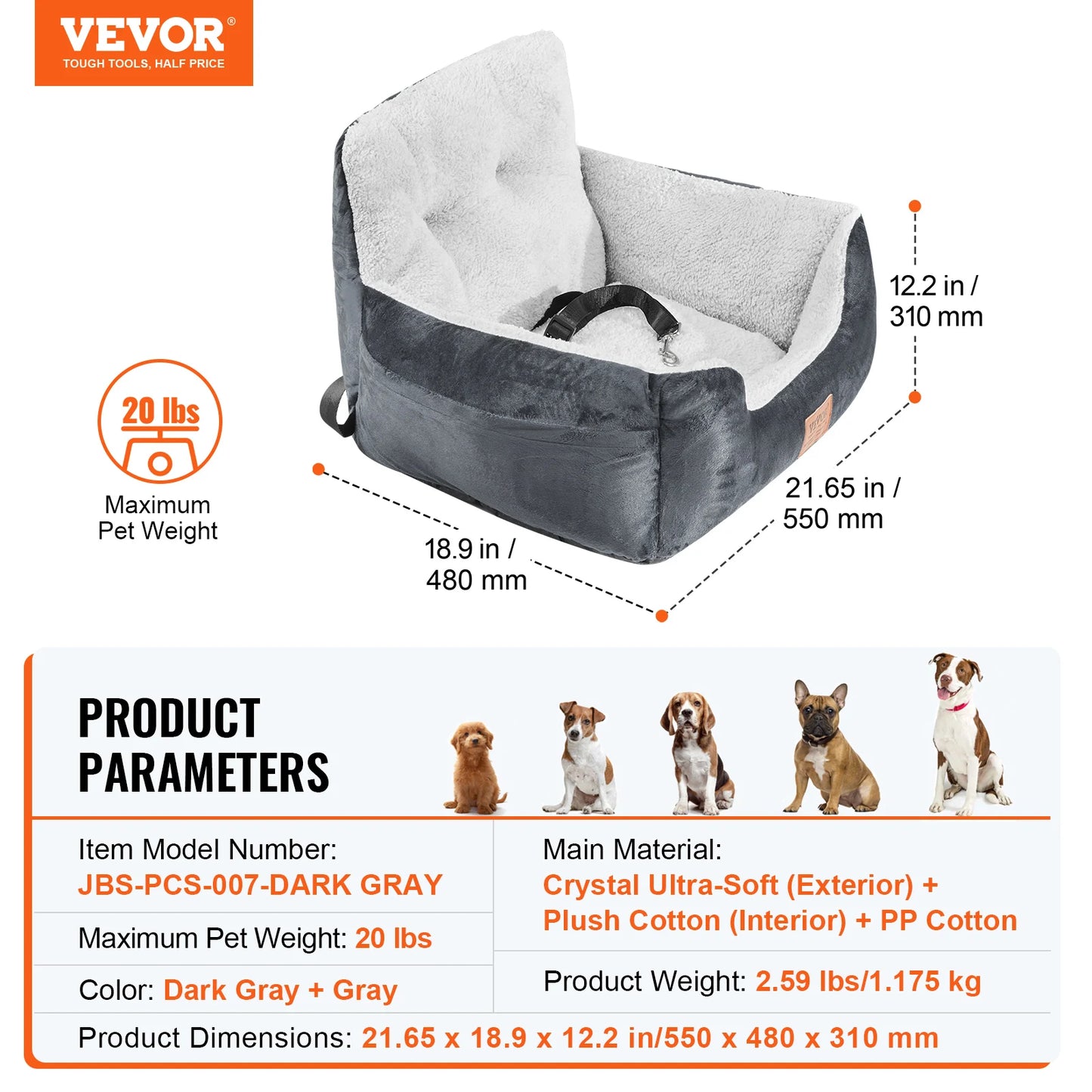 Dog Car Seat Waterproof Dog Booster Seat Pet Car Seat with Clip-On Safety Leash PP Cotton Car Bed for Medium Large Dog