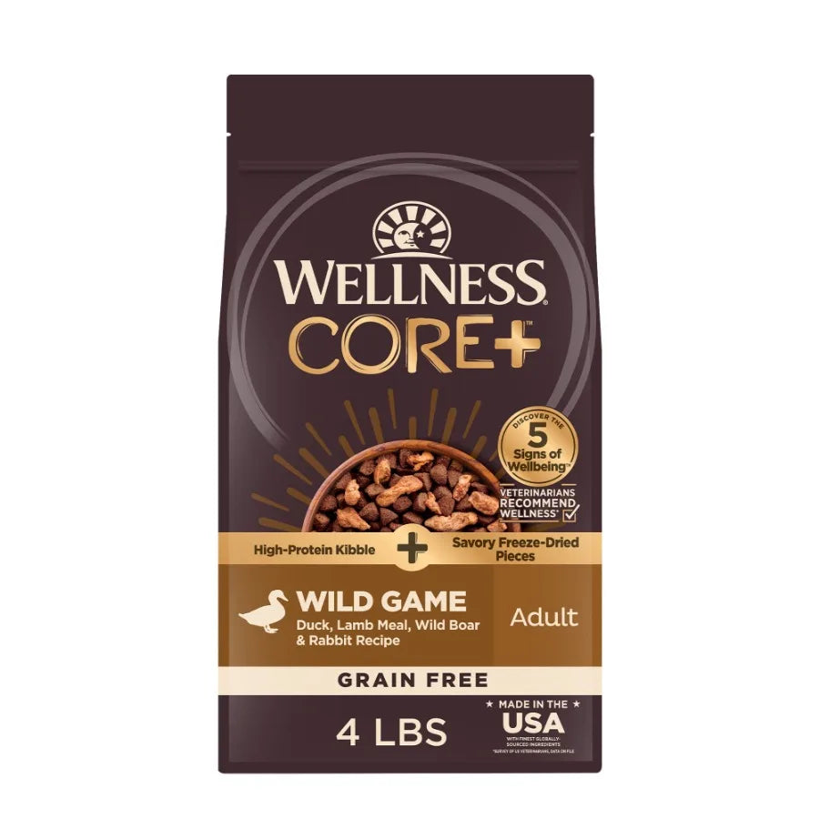 CORE+ Dry Dog Food with Freeze Dried Pieces, Grain Free, High Protein, Natural, Wild Game Duck, Lamb, Wild Boar, and Rabbit