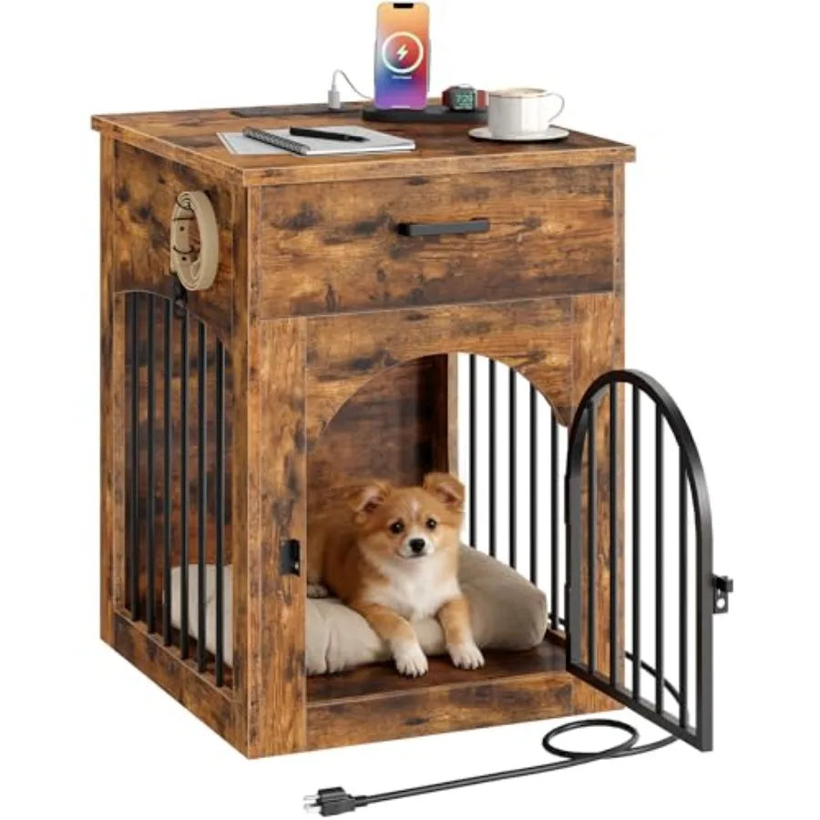 Dog Crate Furniture, Wooden Dog House with Charging Station and Storage Drawer, Indoor Pet Crate End Table for Small Breeds