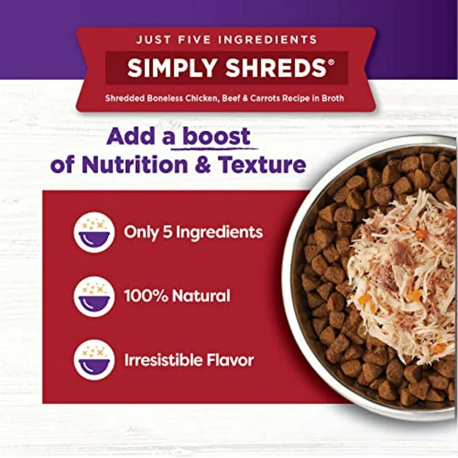 Bowl Boosters Simply Shreds Wet Dog Food Topper for Small, Medium, and Large Breeds, Grain Free, Natural, Recipes, Pack of 12