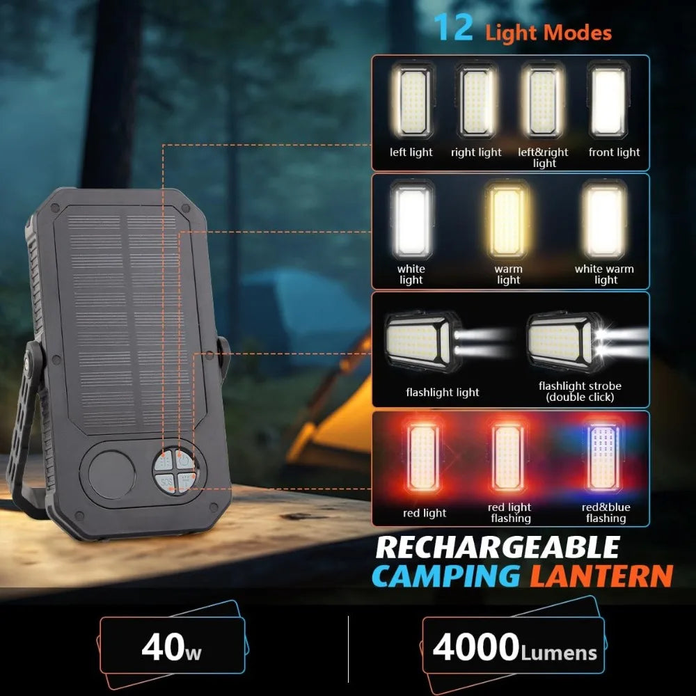 Portable Solar Camping Light, 10000mAh Battery, Up to 120+ Hours Runtime, 12 Dimmable Modes, LCD Display, Waterproof Outdoor Emergency Lamp