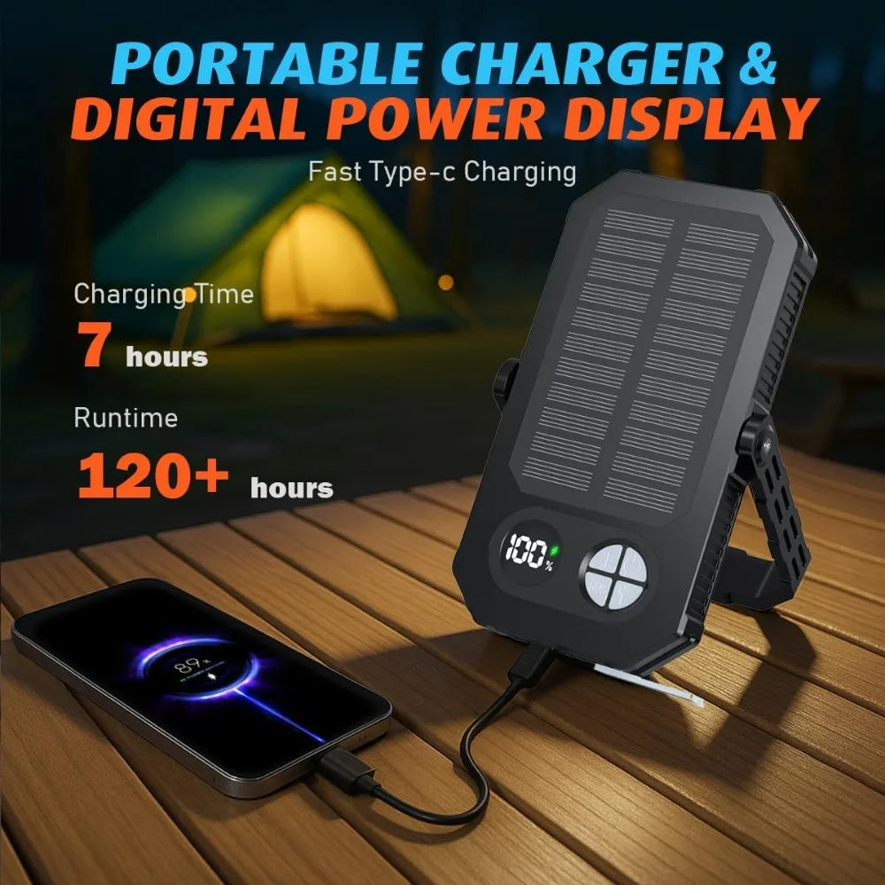Portable Solar Camping Light, 10000mAh Battery, Up to 120+ Hours Runtime, 12 Dimmable Modes, LCD Display, Waterproof Outdoor Emergency Lamp