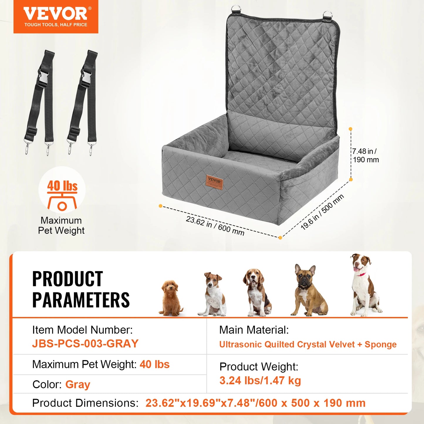 Dog Car Seat Waterproof Dog Booster Seat Pet Car Seat with Clip-On Safety Leash PP Cotton Car Bed for Medium Large Dog