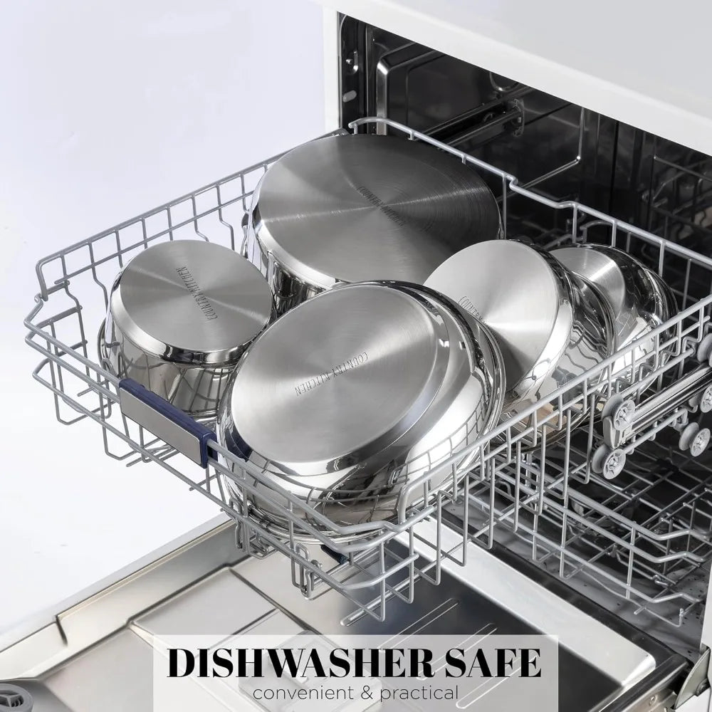Country Kitchen Cookware Set with Removable Handle, Oven & RV Safe Pots and Pans Set, Stainless Steel