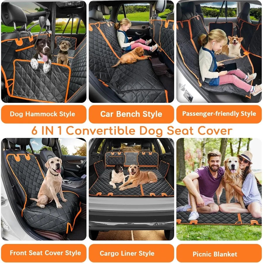 6-in-1 Dog Car Seat Cover for Back Seat Waterproof Dog Car Hammock with Mesh Window Non-Slip Pet Backseat Protector for Cars Trucks