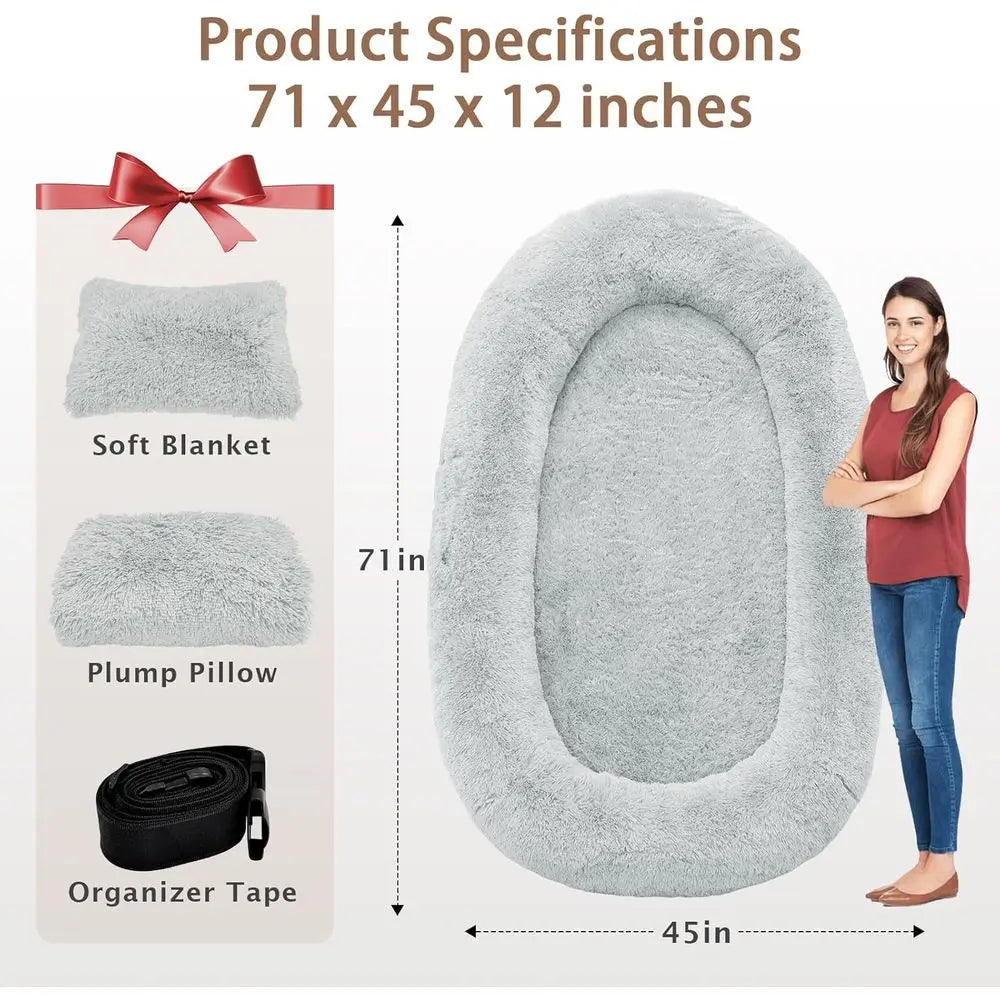 Oversized 71" x 45" x 12" Grey Memory Foam Dog Bed with Pillow, Blanket & Strap for Adults and Large Pets, Customized