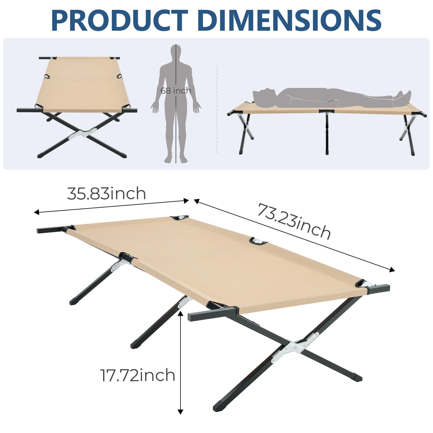Portable Folding Camping Marching Bed 300 LBS Capacity Collapsible Camping Cot Lounge Chair 73" x 36" Sleeping Cot Sturdy Frame for Outdoor Makeshift Bed