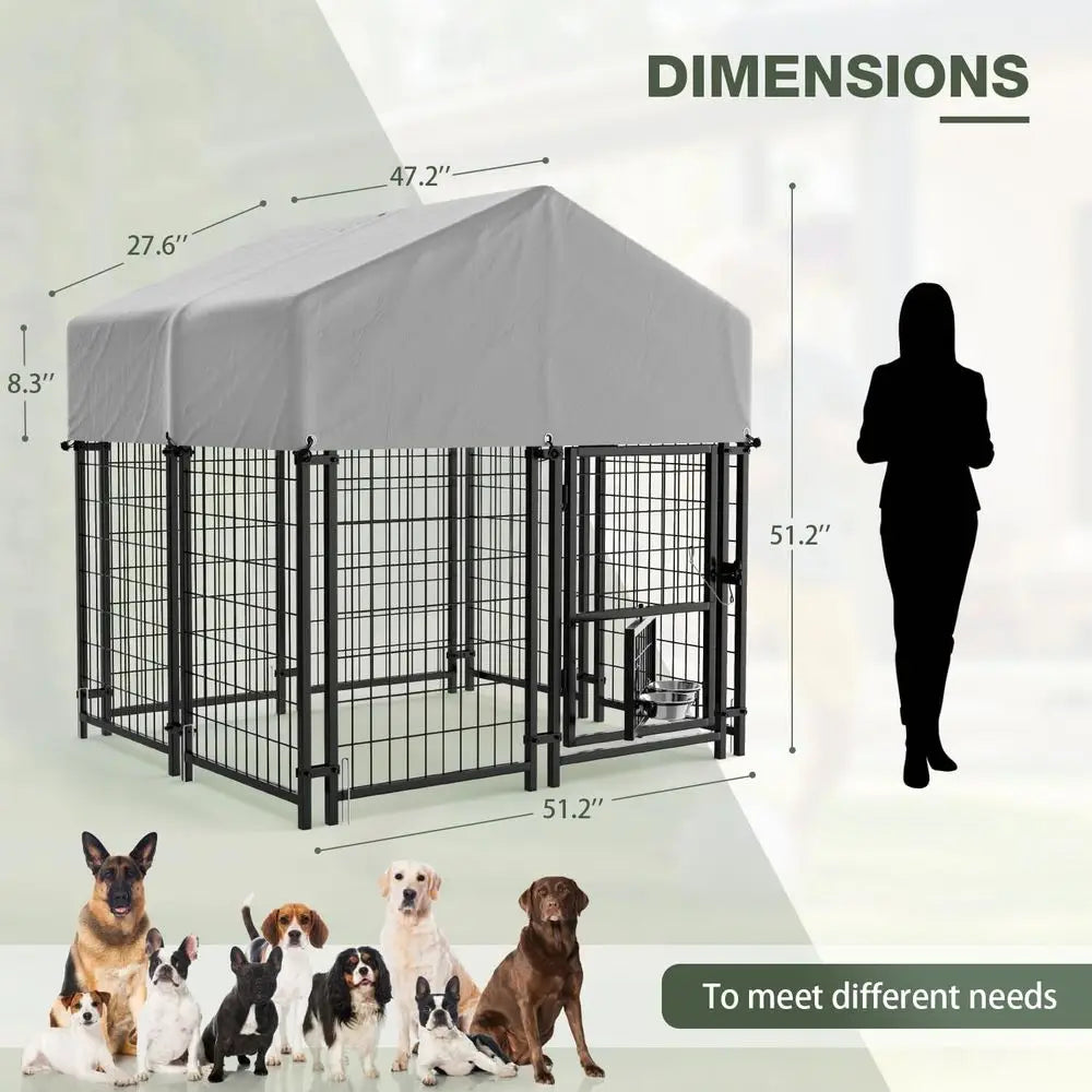 Sturdy Steel Outdoor Dog Kennel with Lockable Door, Weather-Resistant Roof, and Rotating Bowls for Various Dog Sizes
