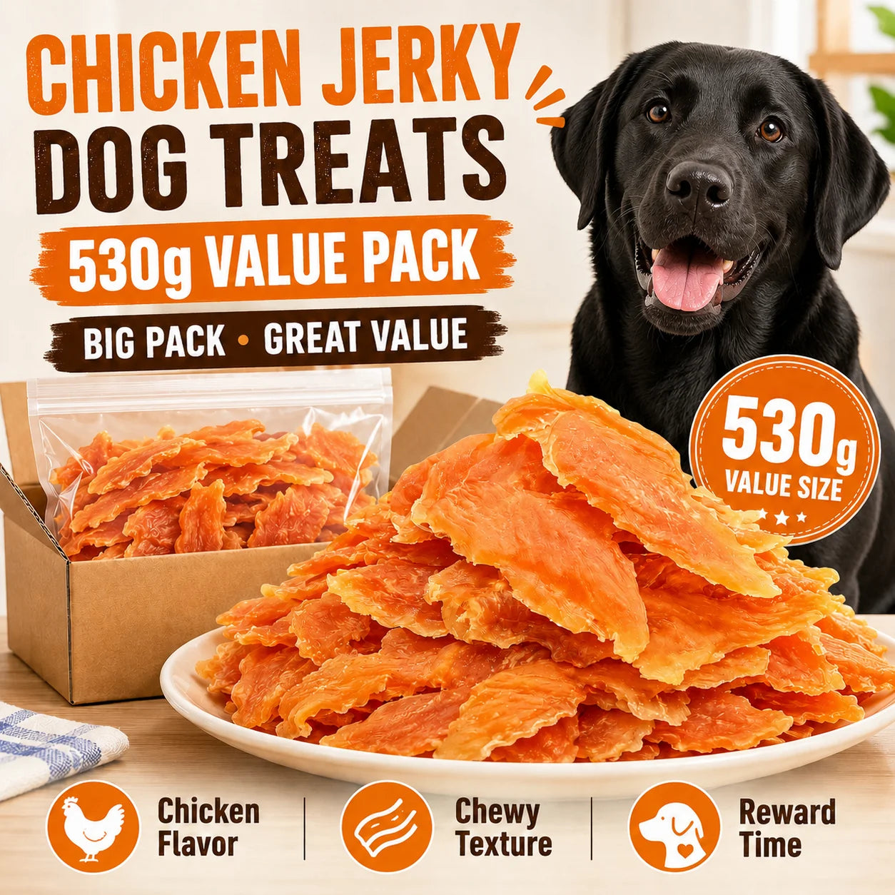 Pet Dog Snack Dental Chew – Chicken Jerky, Extra Large Value Pack, 530g,Dog Treats