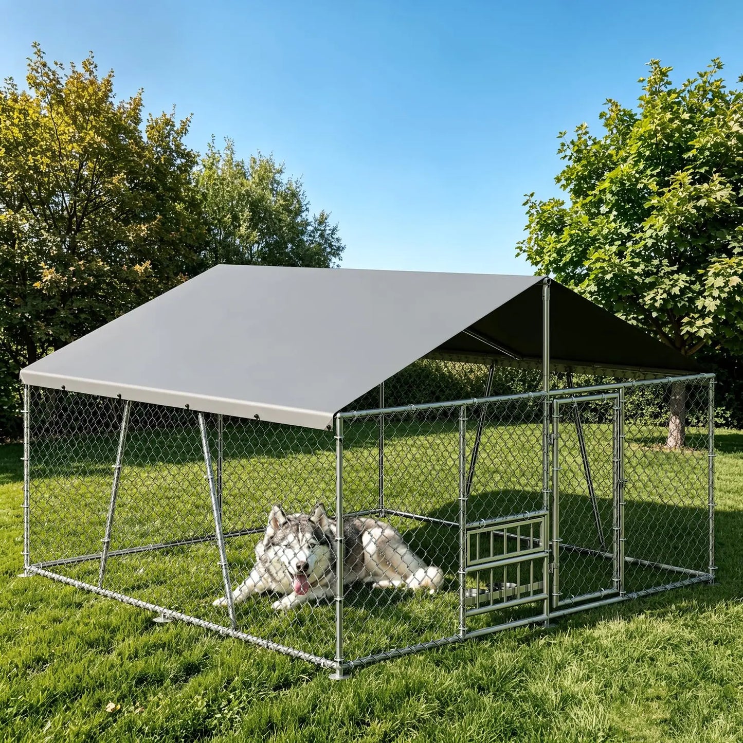 10 x 10 x 5.9FT Outside Dog Enclosure With PE Waterproof Roof, 360° Feeding Door, Heavy Duty Lockable Galvanized Kennel