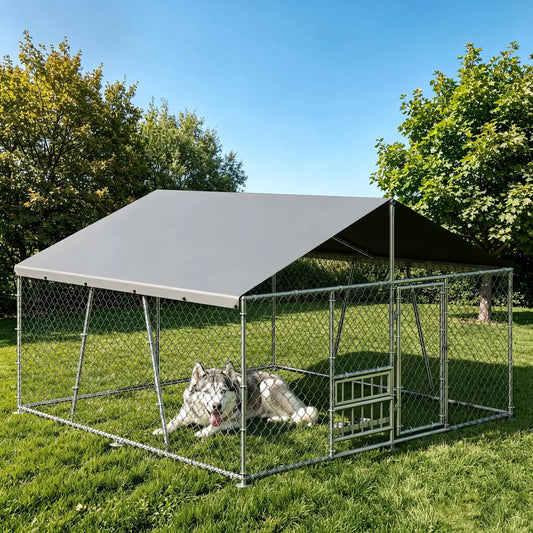 10 x 10 x 5.9FT Outside Dog Enclosure With PE Waterproof Roof, 360° Feeding Door, Heavy Duty Lockable Galvanized Kennel