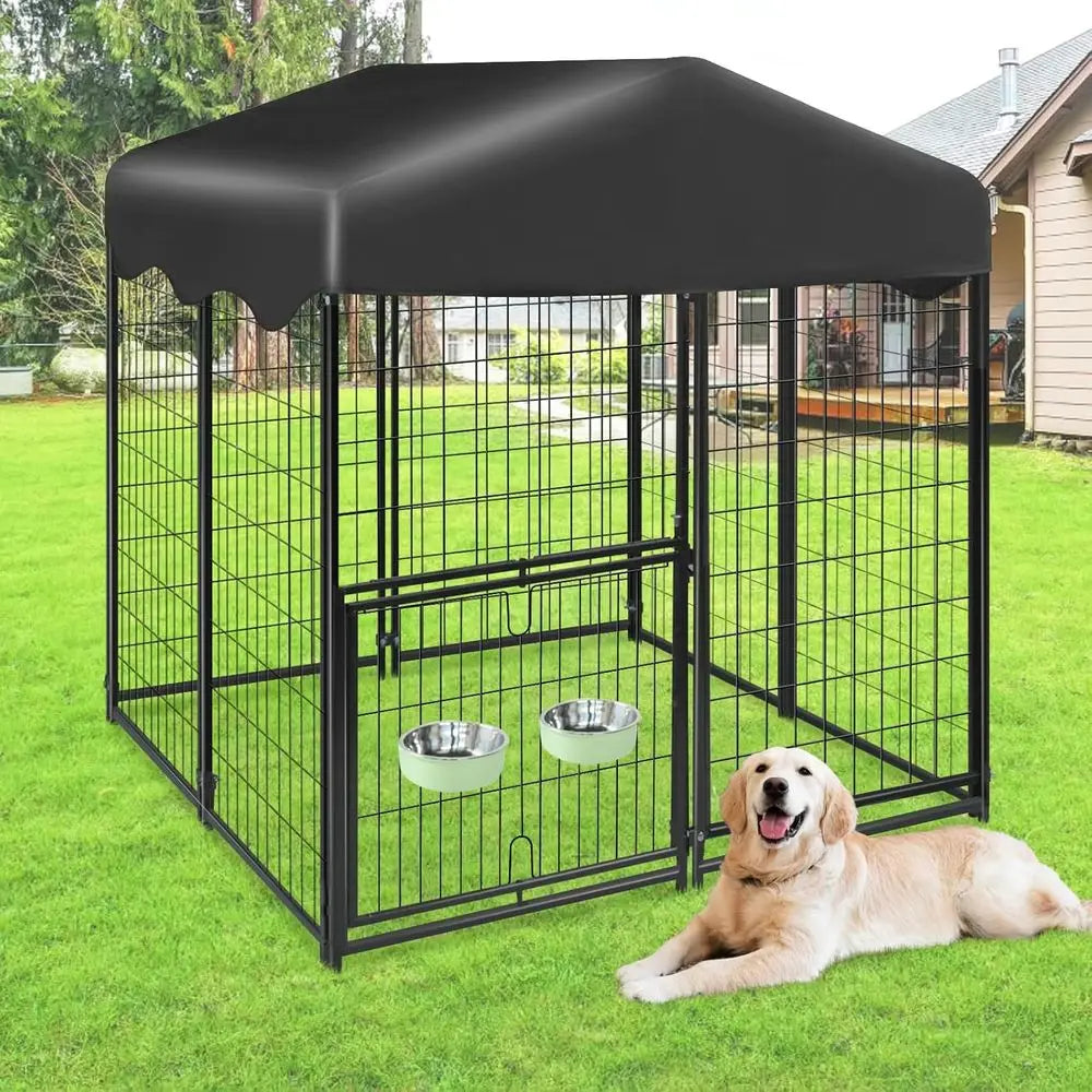 Outdoor Dog Kennel 4 x 4.2 x 4.5ft - Large Enclosure with Roof, Rotating Door, and Adjustable Bowls for Small to Medium Dogs