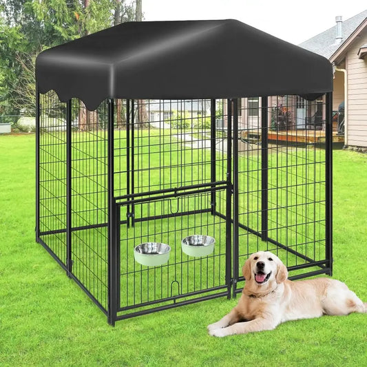 Outdoor Dog Kennel 4 x 4.2 x 4.5ft - Large Enclosure with Roof, Rotating Door, and Adjustable Bowls for Small to Medium Dogs