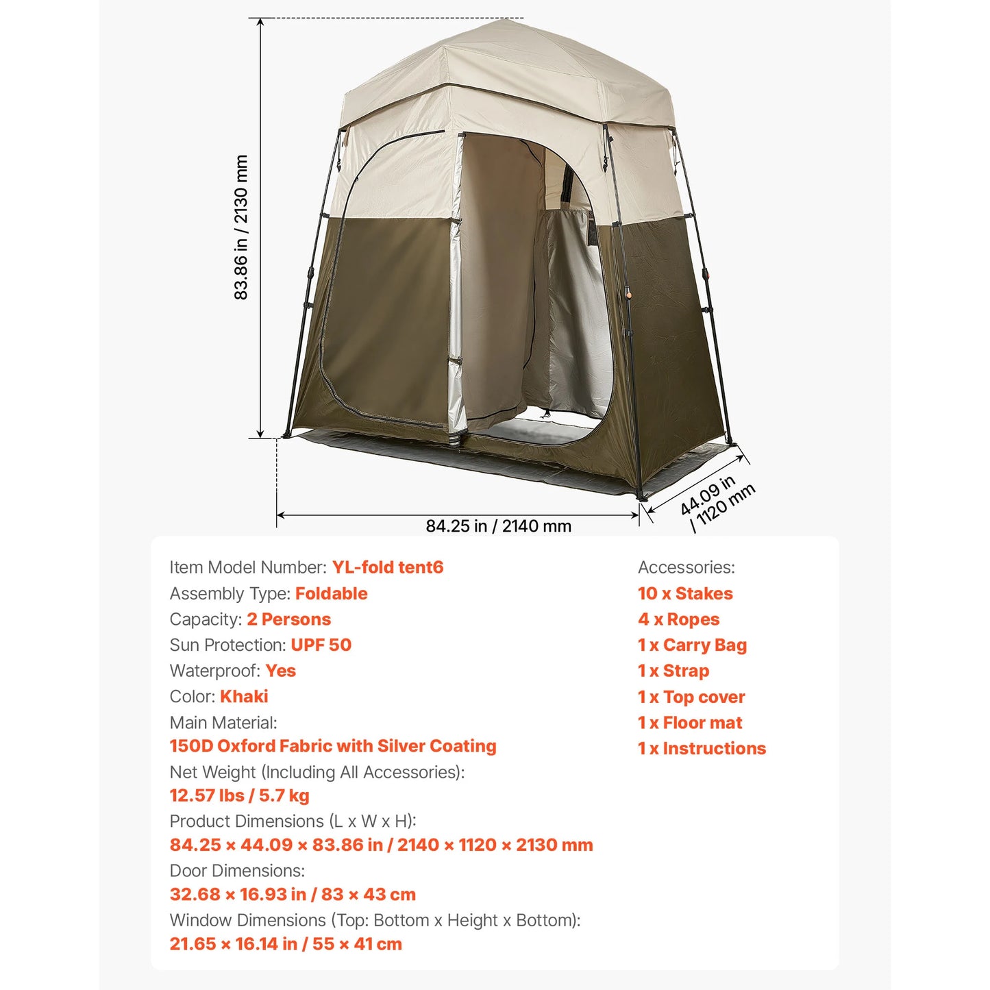 Camping Shower Tent 1 Room Foldable Privacy Tent Changing Room with Ground Stakes Ropes Carry Bag and Crossbar