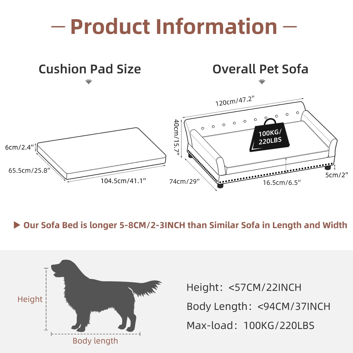 Elevated Dog Sofa for Medium to Large Dogs Couch Bed Microfiber Leather Cover Pet Snuggle Lounge Chair with Removable Cushion