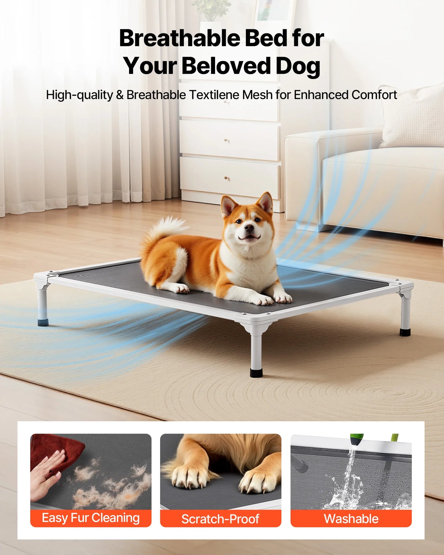 Elevated Dog Bed for Large Dogs Portable Raised Dog Cot with Aluminum Tube Metal Frame and Breathable Textilene Mesh